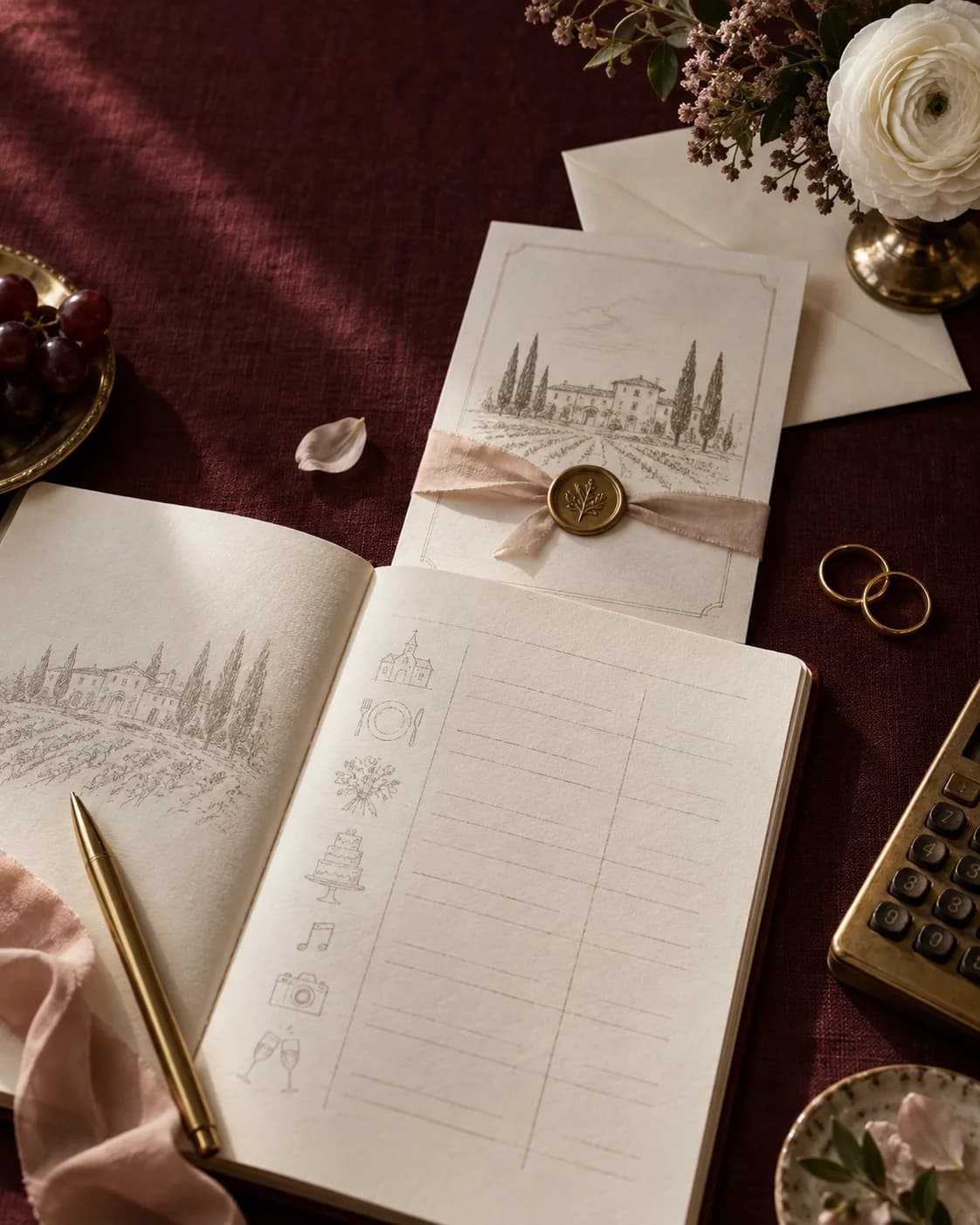 Carnet de budget de mariage, alliances et papeterie sur une table bordeaux